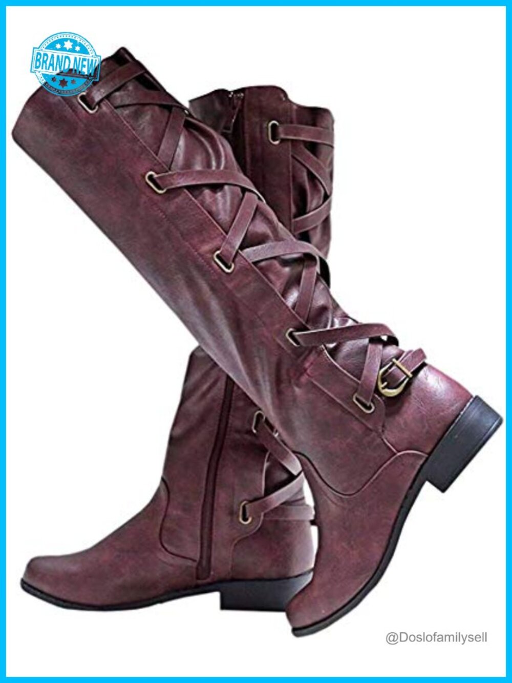 Lace Up Knee High Combat Boots Motorcycle Riding Flat Low Heel Strappy Winter